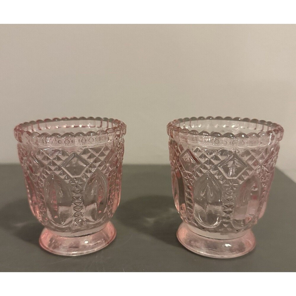 Bridgerton Pink Votive Candle Holders Pressed Glass VTG 3” X 2”
